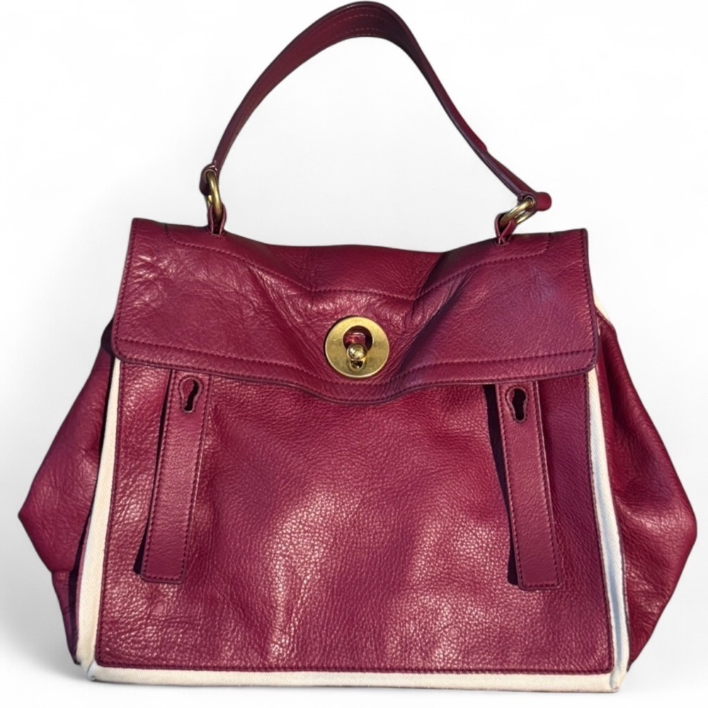 Authentic YVES SAINT LAURENT Muse Toe Leather Canvas Handbag Maroon - Picture 2 of 11
